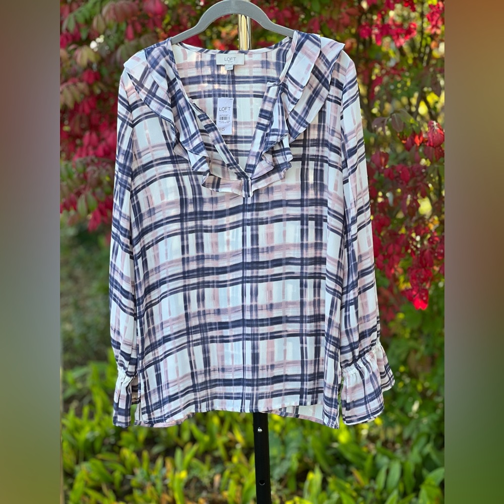 LOFT Ruffled V Neck Blouse Blue Soft Pink